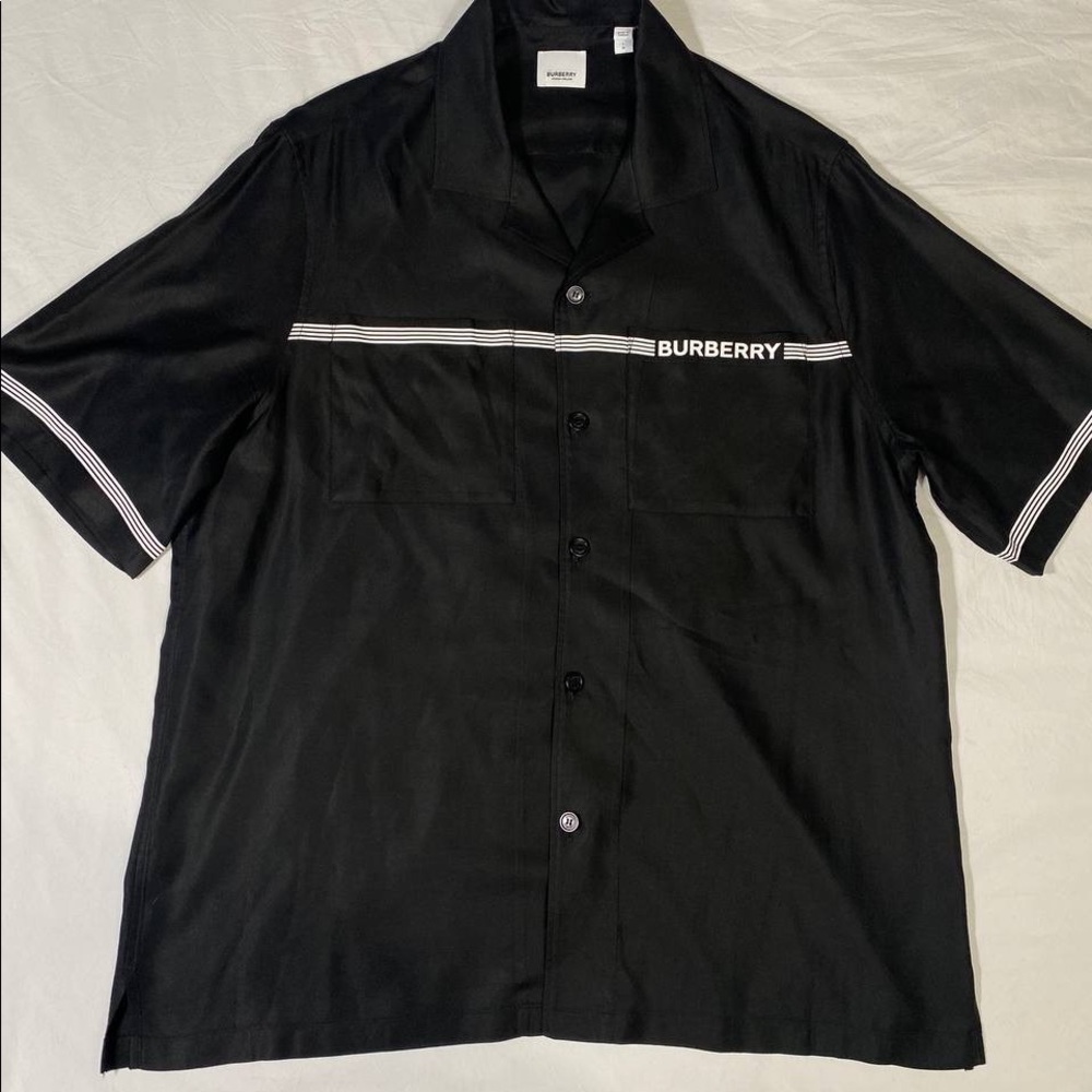 $700 Authentic Burberry Bowling Logo Stripe Short Sleeve Shirt Large  viscose